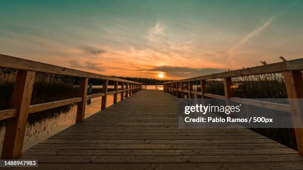 view of bridge against sky during sunset,rheinsberg,germany - ecossistema stock pictures, royalty-free photos & images