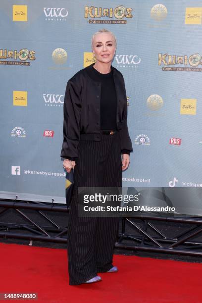 Paola Barale attends Cirque Du Soleil "Kurios - Cabinet Of Curiosities" Photocall In Milan on May 10, 2023 in Milan, Italy.