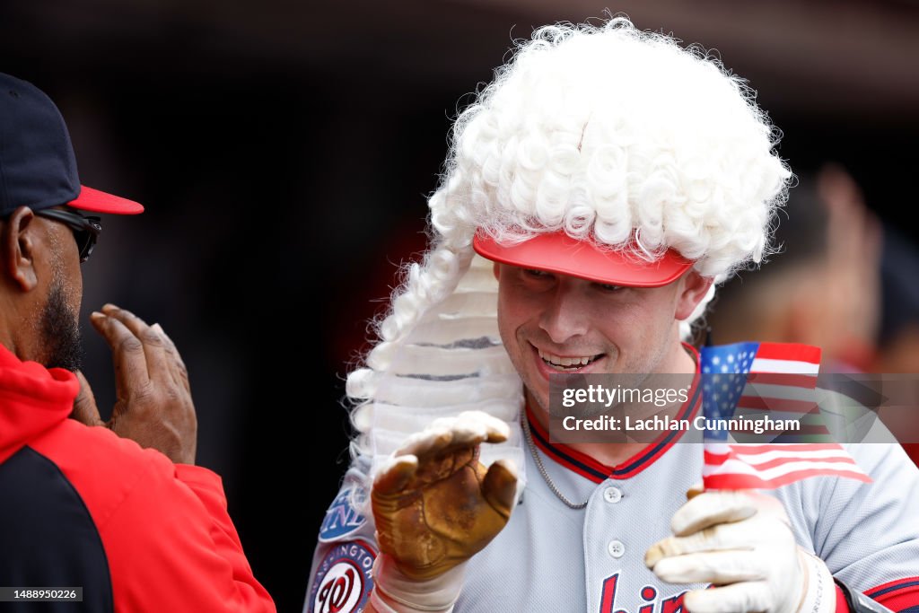 Nationals Riley Adams Riley Adams of the Washington Nationals celebrates in the dugout ...
