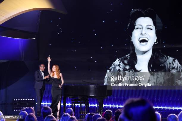 Carlo Conti and Noemi on stage during the 68th David Di Donatello show on May 10, 2023 in Rome, Italy.