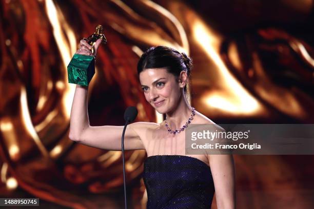 Barbara Ronchi receives the David di Donatello for Best Actress Award during the 68th David Di Donatello show on May 10, 2023 in Rome, Italy.