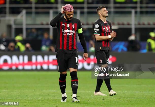 Theo Hernandez of AC Milan looks dejected after their side's defeat to FC Internazionale during the UEFA Champions League semi-final first leg match...