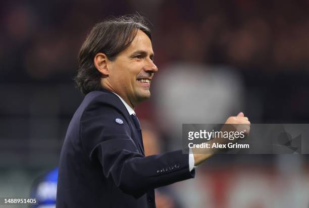 Simone Inzaghi, Head Coach of FC Internazionale, celebrates after the UEFA Champions League semi-final first leg match between AC Milan and FC...
