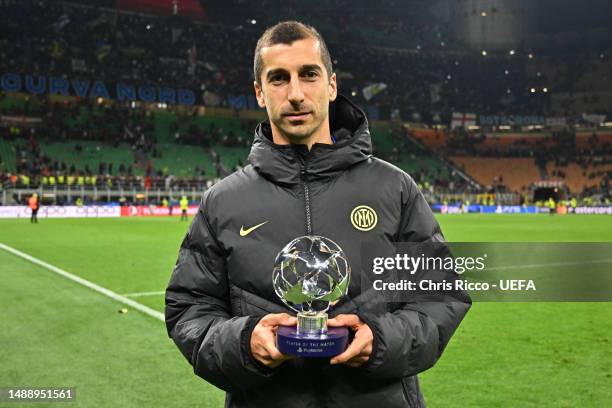 Henrikh Mkhitaryan of FC Internazionale poses for a photo with the PlayStation Player Of The Match award after the team's victory during the UEFA...