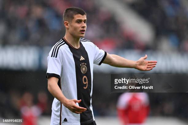 Nicolo Tresoldi of Germany reacts during the U19 Denmark and U19 Germany International Friendly match at Blue Water Arena on May 10, 2023 in Esbjerg,...