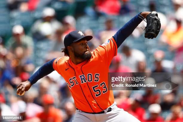 Cristian Javier of the Houston Astros throws against the Los Angeles Angels in the third inning at Angel Stadium of Anaheim on May 10, 2023 in...