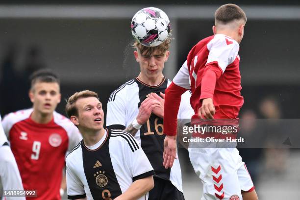 Veit Stange of Germany competes for the ball with Gustav Orsoe Christensen of Denmark during the U19 Denmark and U19 Germany International Friendly...