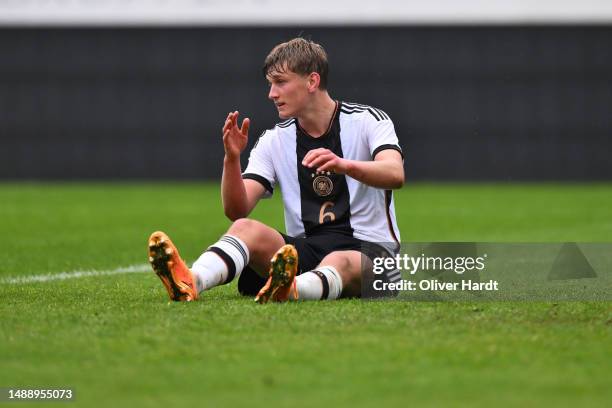 Aljoscha Kemlein of Germany looks dejected during the U19 Denmark and U19 Germany International Friendly match at Blue Water Arena on May 10, 2023 in...