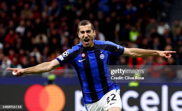 Henrikh Mkhitaryan of FC Internazionale celebrates after scoring the team's second goal during the UEFA Champions League semi-final first leg match...