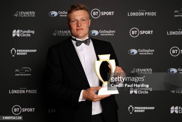 Breakthrough Player of the Season winner, Tom Pearson of London Irish poses with the trophy during the Premiership Rugby Awards at The Brewery on May...