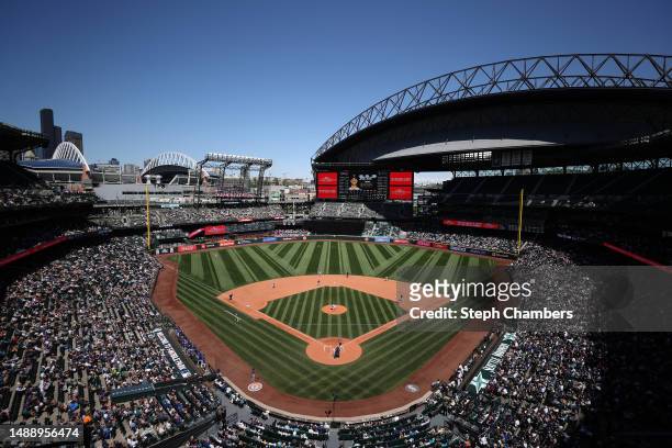 General view at T-Mobile Park between the Seattle Mariners and the Texas Rangers during the sixth inningon May 10, 2023 in Seattle, Washington.