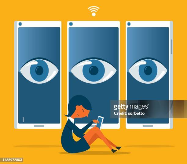 businesswoman - spying smart phone - criminal justice stock illustrations
