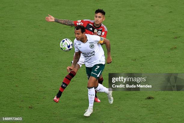 Vinicius of Goias fights for the ball with Erick of Flamengo during the match between Flamengo and Goias as part of Brasileirao 2023 at Maracana...