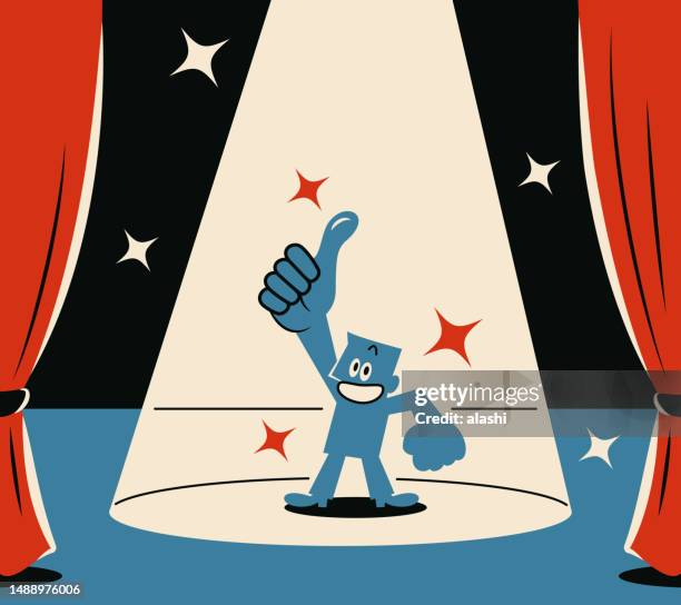 stockillustraties, clipart, cartoons en iconen met a smiling blue man giving a thumbs-up on stage with a spotlight - officiële openingen