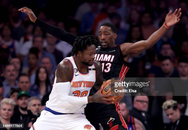 Julius Randle of the New York Knicks drives to the basket against Bam Adebayo of the Miami Heat during the first quarter in game five of the Eastern...