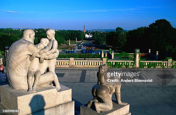a view from the vigeland park, where many sculptures by gustav vigeland are kept - vigeland sculpture park stock pictures, royalty-free photos & images