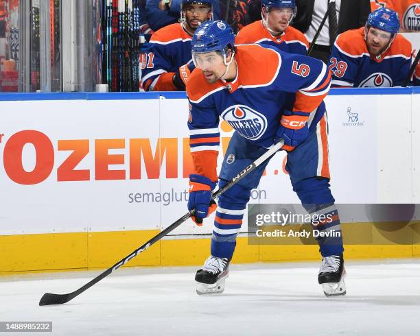 Cody Ceci of the Edmonton Oilers awaits a face-off in Game Three of the Second Round of the 2023 Stanley Cup Playoffs against the Vegas Golden...