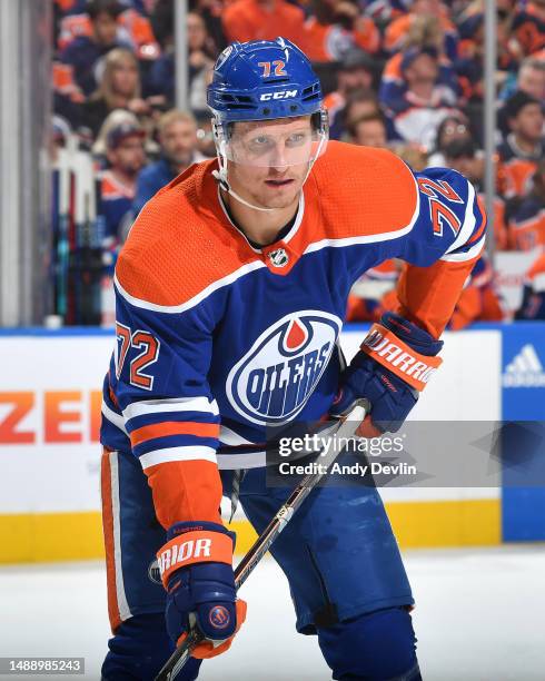 Nick Bjugstad of the Edmonton Oilers awaits a face-off in Game Three of the Second Round of the 2023 Stanley Cup Playoffs against the Vegas Golden...