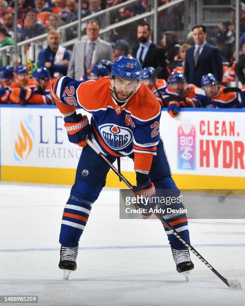 Darnell Nurse of the Edmonton Oilers awaits a face-off in Game Three of the Second Round of the 2023 Stanley Cup Playoffs against the Vegas Golden...