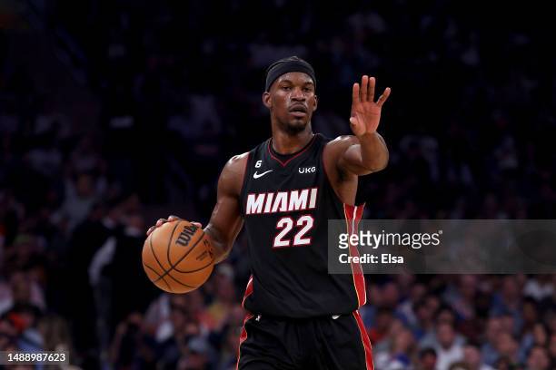 Jimmy Butler of the Miami Heat reacts against the New York Knicks during the first half in game five of the Eastern Conference Semifinals in the 2023...