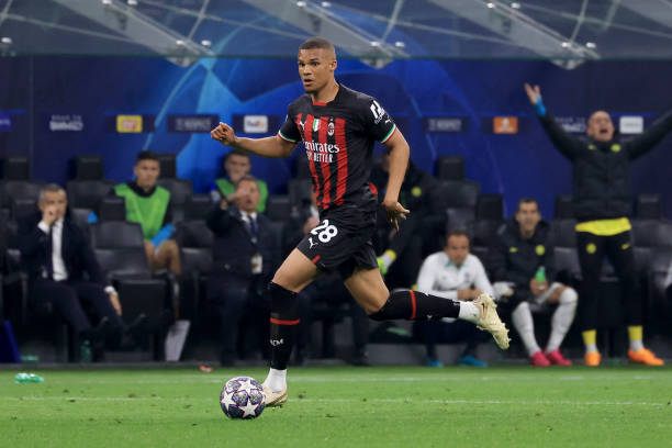 Malick Thiaw of AC Milan in action during the UEFA Champions League semi-final first leg match between AC Milan and FC Internazionale at San Siro on...
