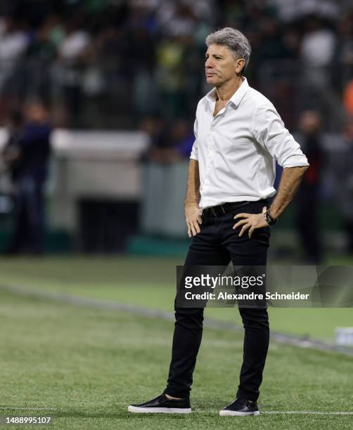Renato Gaucho, head coach of Gremio gestures during a match between Palmeiras and Gremio as part of Brasileirao Series A 2023 at Allianz Parque on...