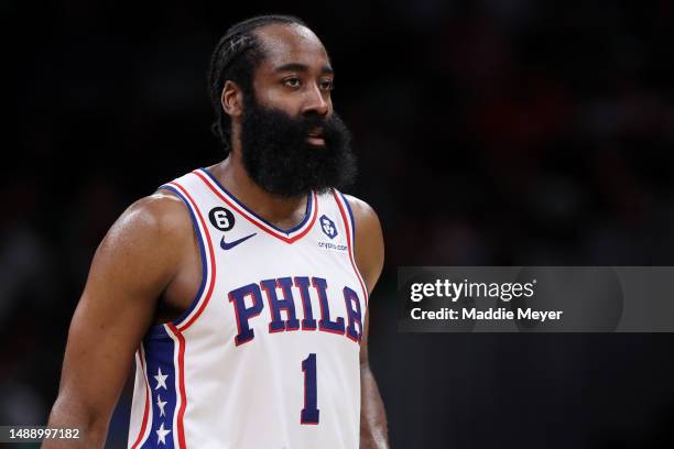 James Harden of the Philadelphia 76ers looks on during the second half of game five of the Eastern Conference Second Round Playoffs at TD Garden on...