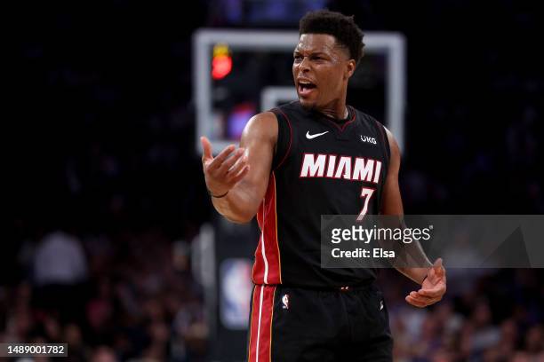 Kyle Lowry of the Miami Heat reacts to a foul against the New York Knicks during the third quarter in game five of the Eastern Conference Semifinals...