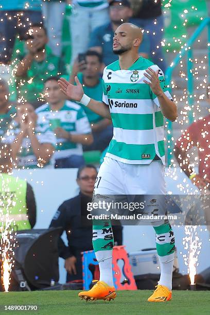Matheus Doria of Santos enters the pitch prior to the quarterfinals first leg match between Santos Laguna and Monterrey as part of the Torneo...