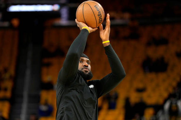 LeBron James of the Los Angeles Lakers warms up prior to facing the Golden State Warriors in game five of the Western Conference Semifinal Playoffs...