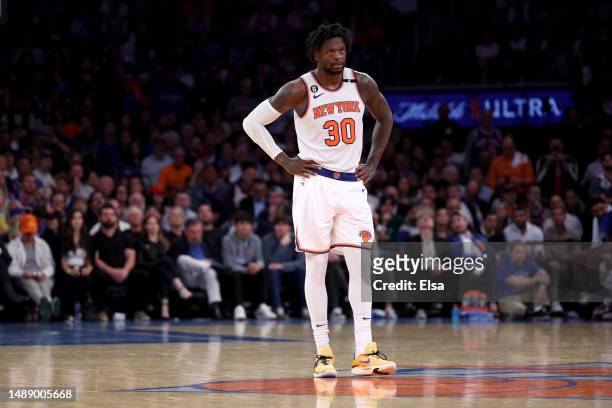 Julius Randle of the New York Knicks reacts against the Miami Heat during the fourth quarter in game five of the Eastern Conference Semifinals in the...