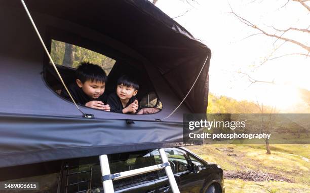 irmãos mais novos apreciando a vista da tenda do teto do veículo - região de tohoku - fotografias e filmes do acervo