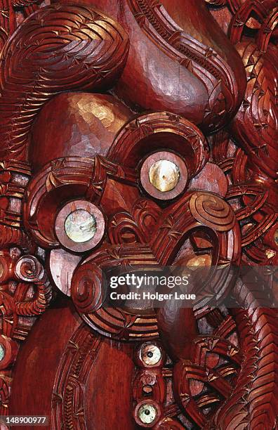 wooden carving in the waitangi maori meeting house, waitangi national reserve. - bay of islands stock pictures, royalty-free photos & images