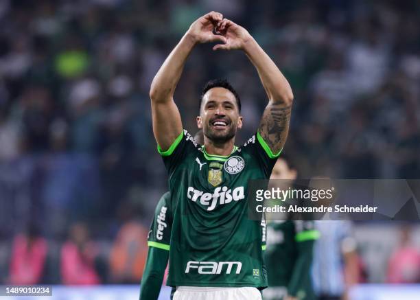 Luan of Palmeiras celebrates after scoring the team's fourth goal during a match between Palmeiras and Gremio as part of Brasileirao Series A 2023 at...