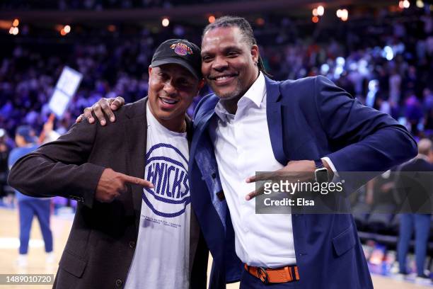 Former New York Knicks John Starks and Latrell Sprewell pose after the New York Knicks defeated the Miami Heat in game five of the Eastern Conference...