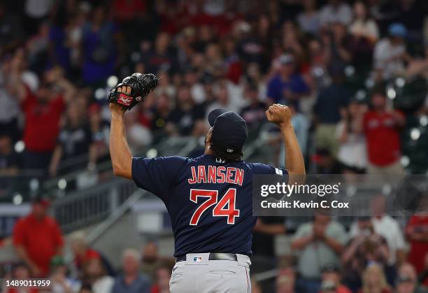 Kenley Jansen of the Boston Red Sox reacts after earning the 400th save of his career in a 5-2 win over the Atlanta Braves at Truist Park on May 10,...