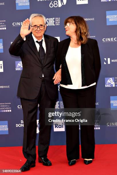 Marco Bellocchio and Francesca Calvelli attend the 68th David Di Donatello red carpet on May 10, 2023 in Rome, Italy.