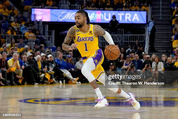 Angelo Russell of the Los Angeles Lakers brings the ball up court during the second quarter against the Golden State Warriors in game five of the...