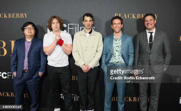 SungWon Cho, Matt Johnson, Jay Baruchel, Glenn Howerton, and Rich Sommer attend the Los Angeles premiere of "Blackberry" at The London West Hollywood...