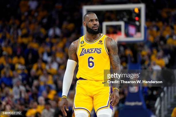 LeBron James of the Los Angeles Lakers reacts after scoring during the second quarter against the Golden State Warriors in game five of the Western...