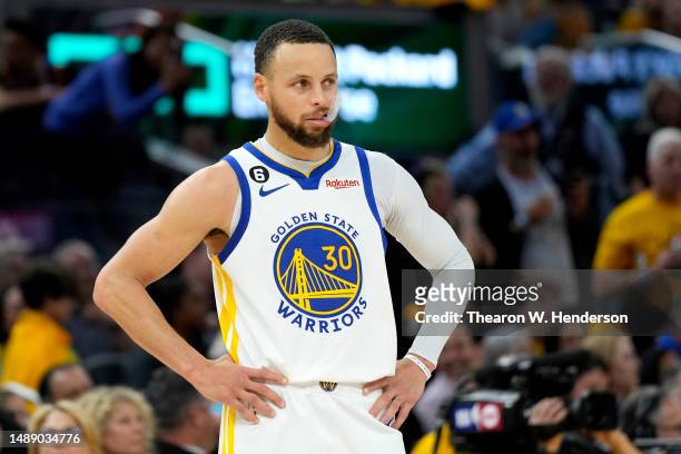 Stephen Curry of the Golden State Warriors looks on during the fourth quarter against the Los Angeles Lakers in game five of the Western Conference...