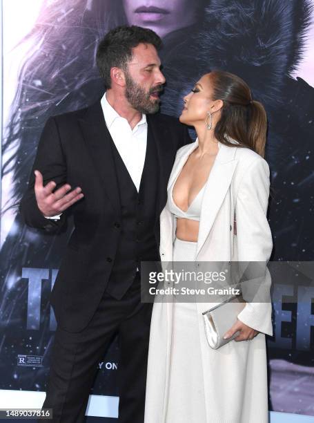 Ben Affleck and Jennifer Lopez arrives at the Los Angeles Premiere Of Netflix's "The Mother" at Westwood Regency Village Theater on May 10, 2023 in...