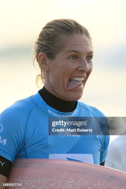 Stephanie Gilmore of Australia celebrates after her round of 16 heat during the 2023 Gold Coast Pro at Snapper Rocks on May 11, 2023 in Gold Coast,...