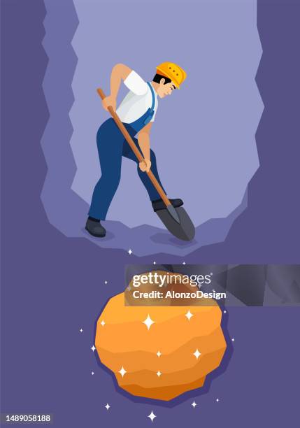 worker digging to find gold. man digging hole on the ground with a shovel. - digging stock illustrations