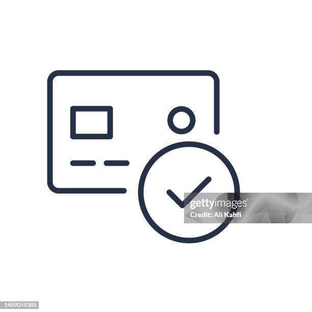 debit card with checkmark thin line icons - using debit card stock illustrations