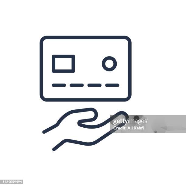 debit card with hand thin line icons - using debit card stock illustrations