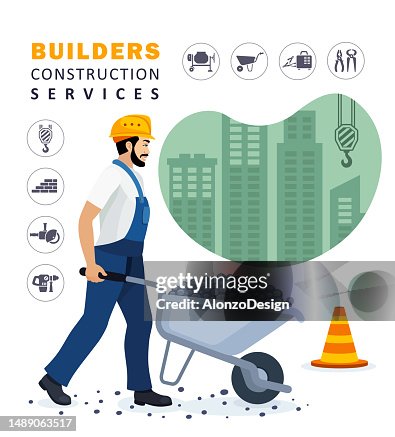Construction Worker works at a construction site. Worker Pushing Wheelbarrow. Construction tools and materials. Construction Worker works at a construction site. Worker Pushing Wheelbarrow. Construction tools and materials.