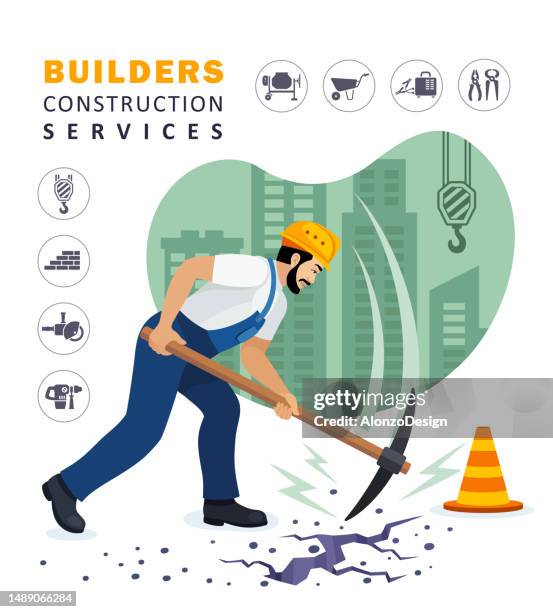 construction worker at a construction site. worker digging with pick axe. construction tools and materials. - construction workers break stock illustrations