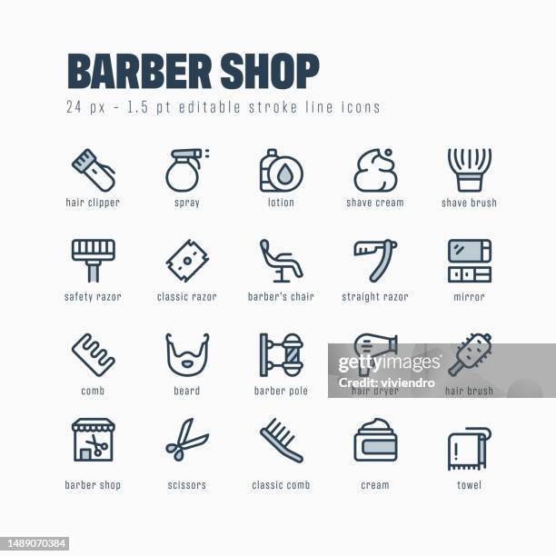 barber shop line icon set. editable stroke. pixel perfect. - antique furniture stock illustrations