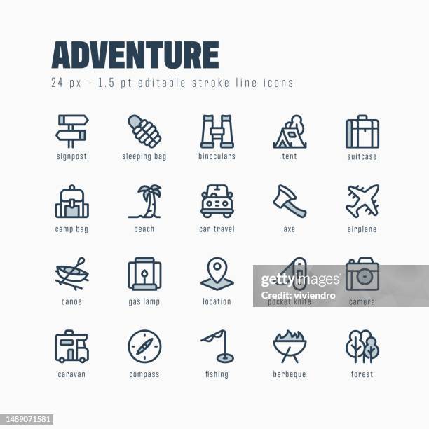 adventure line icon set. editable stroke. pixel perfect. - campfire art stock illustrations